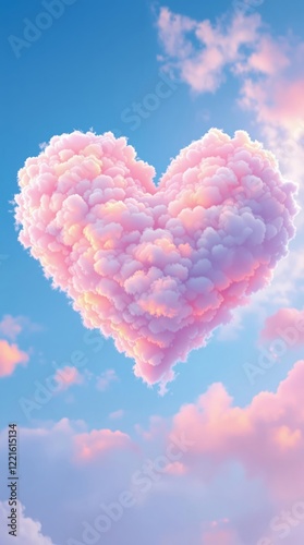 Pink heart made of clouds on blue sky for Valentine's Day and romantic mood