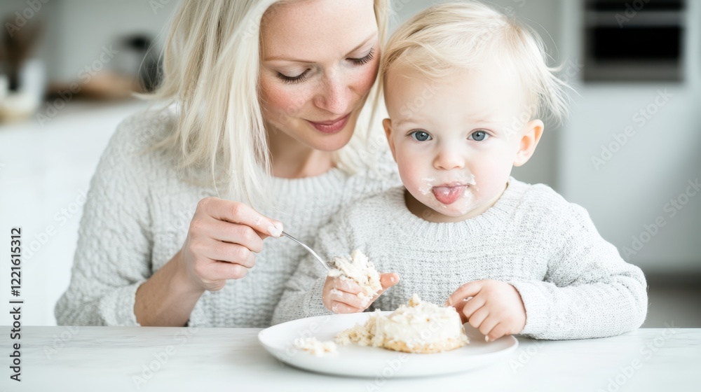 A blonde woman lovingly feeds a baby using a spoon and fork, showcasing a tender moment of nurturing and care. A blonde woman lovingly feeds a baby using a spoon and fork, showcasing a tender moment of nurturing and care.