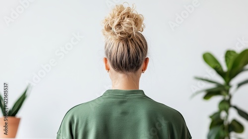 A woman sports a messy bun hairstyle, showcasing a casual and relaxed look.