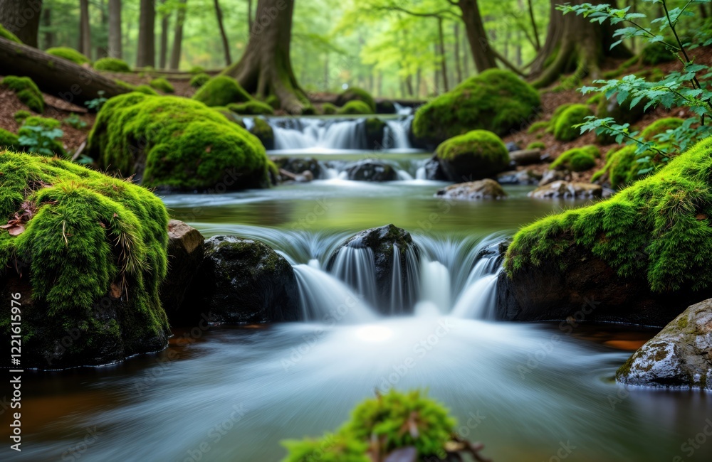 Stream flows over mossy rocks in Sumava national park Czechia. Spring forest surrounds cascading water. Peaceful nature scene in mountains. Tranquil stream. Green forest. Flowing water. Natural Stream flows over mossy rocks in Sumava national park Czechia. Spring forest surrounds cascading water. Peaceful nature scene in mountains. Tranquil stream. Green forest. Flowing water. Natural