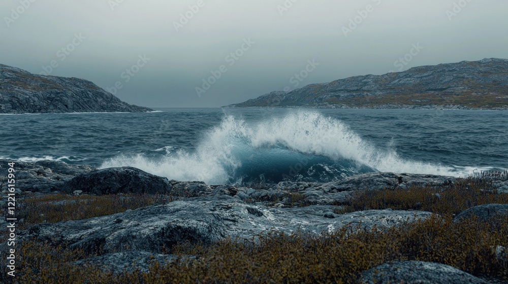 Arctic Ocean wave crashing rocky shore, stormy sky Arctic Ocean wave crashing rocky shore, stormy sky