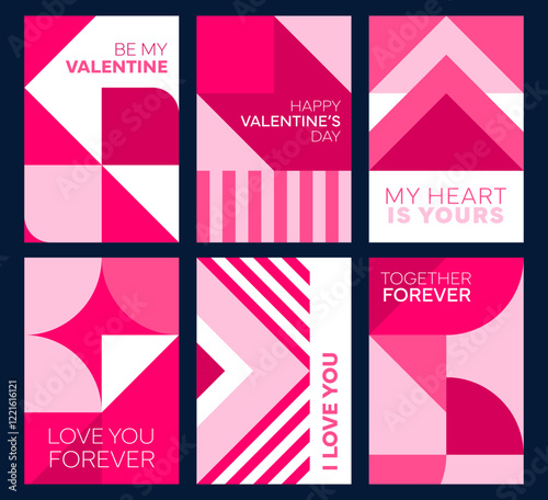 Valentines day posters with abstract geometric shapes and patterns in shades of pink and white. Vector cards contains romantic messages like be my valentine, love you forever, and together forever