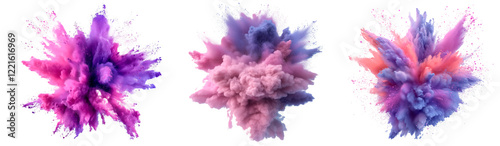 A vibrant collection of colorful powder explosions in shades of purple, pink, and blue, captured mid-air against a pure white background. Perfect for creative, dynamic, or artistic projects. photo