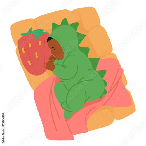 Sweet newborn baby wearing cute crocodile pajamas sleeping sucking thumb lying in bed cradle