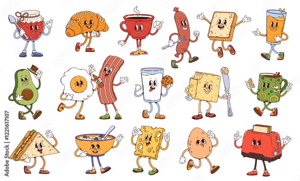 Obraz premium Retro groovy breakfast characters or cartoon food with funny faces, vector icons. Groovy breakfast characters or bacon and egg with porridge and toast bread with butter, cheese with milk and cookie