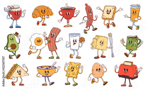 Retro groovy breakfast characters or cartoon food with funny faces, vector icons. Groovy breakfast characters or bacon and egg with porridge and toast bread with butter, cheese with milk and cookie