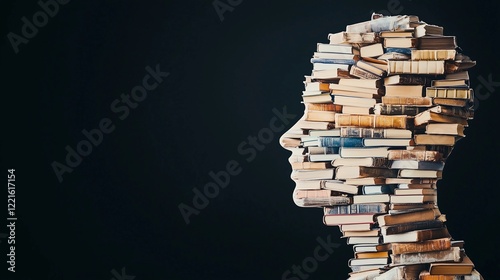 Books create a silhouette of a human figure symbolizing knowledge and imagination in a dark setting