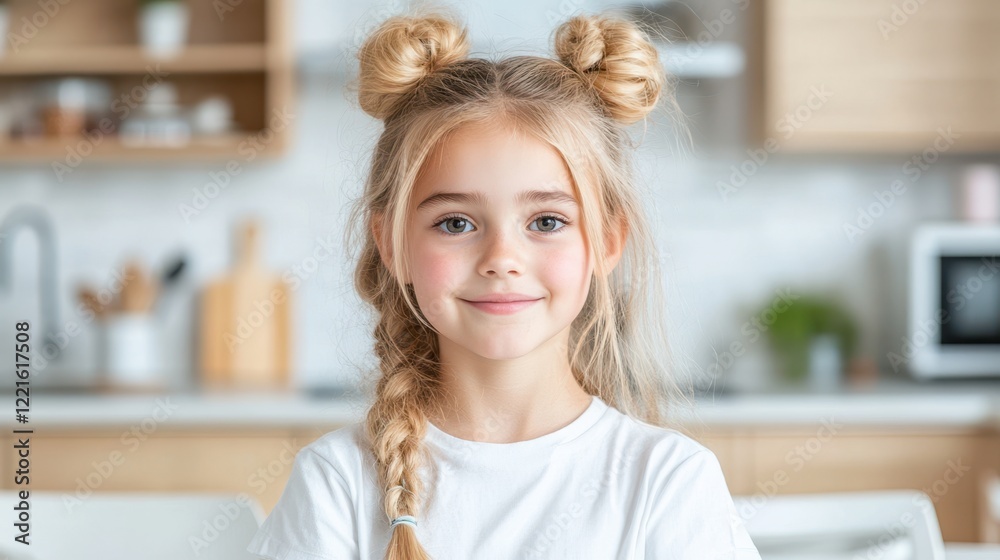 A young girl with pigtails is happily playing in the kitchen, surrounded by colorful utensils and ingredients. A young girl with pigtails is happily playing in the kitchen, surrounded by colorful utensils and ingredients.