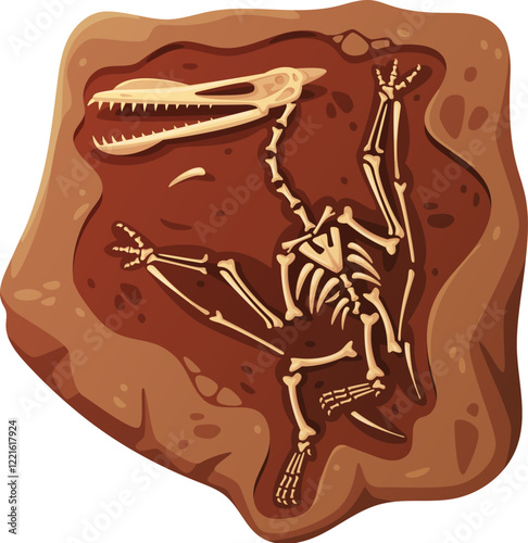 Dino fossil skeleton bones, prehistoric creature skeletal structure. Isolated cartoon vector fossilized pterosaur dinosaur skeleton with the wings, beak and sharp teeth, embedded in a rock piece