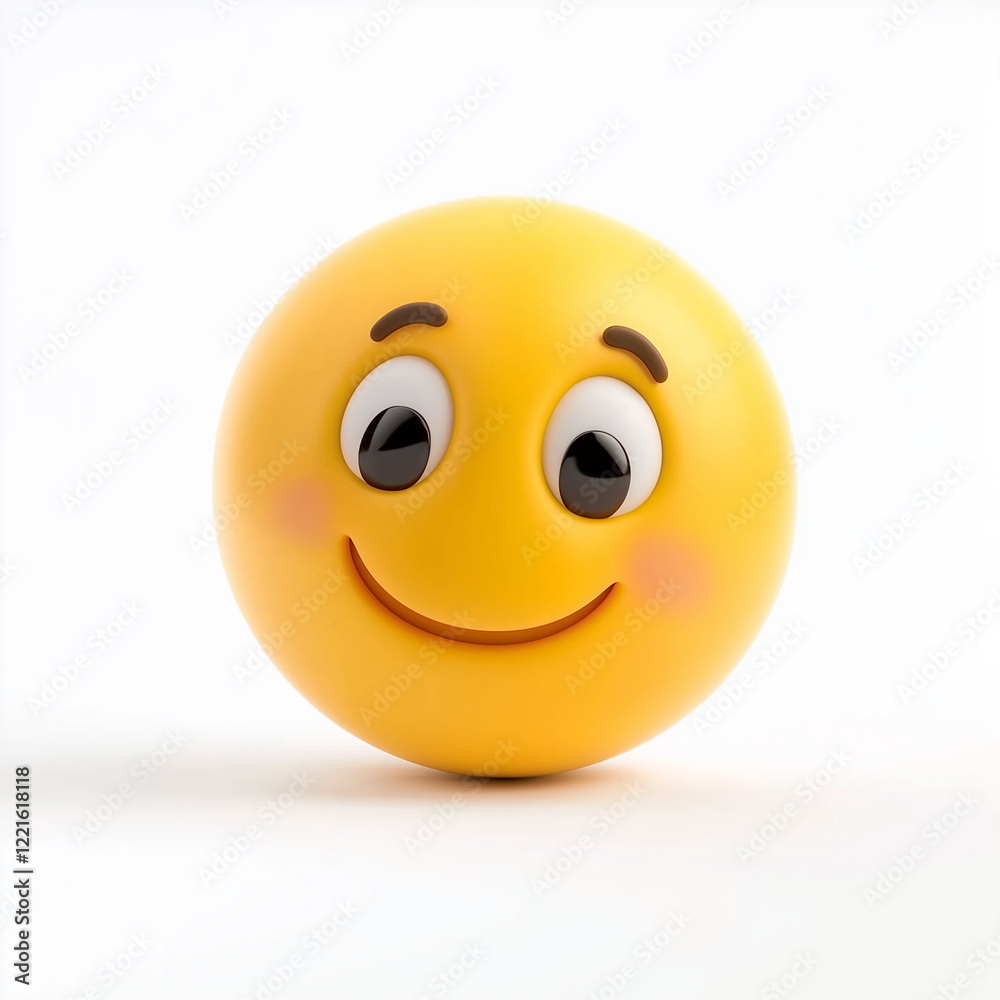 Fototapeta premium Yellow emoji with a soft smile, wide-open eyes, and a friendly expression, radiating warmth and joy, isolated on a white background