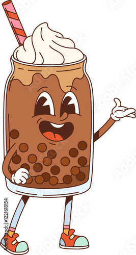 Groovy fast food bubble tea drink dessert character. Cafe milkshake or chocolate dessert drink with whipped cream and straw. Fast food menu summer sweet icy beverage glass cup cheerful personage
