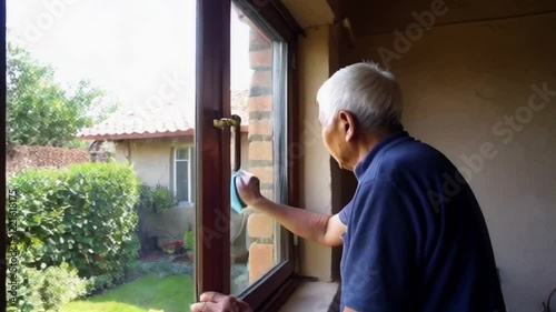 Wallpaper Mural A man is cleaning a window with a squeegee. The window is located in a house with a brick exterior Torontodigital.ca