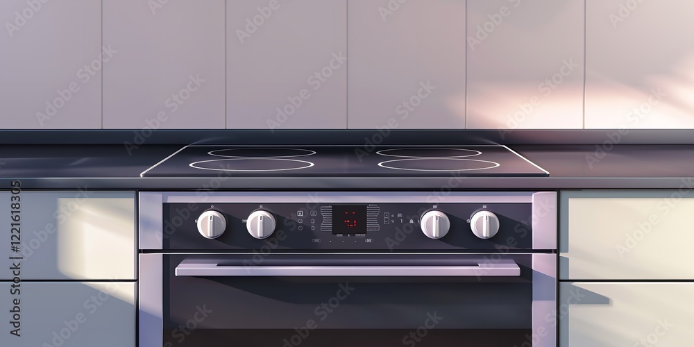 With a black ceramic cooktop and a transparent glass oven door, this realistic modern kitchen cooker set shows an electric stove, Generative AI. With a black ceramic cooktop and a transparent glass oven door, this realistic modern kitchen cooker set shows an electric stove, Generative AI.