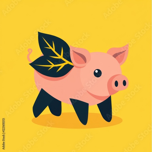 Flying pig, leaf wings, yellow background, eco-friendly concept, illustration photo