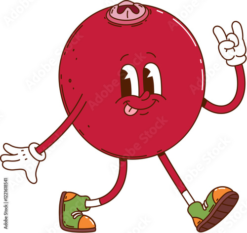 Cartoon groovy cranberry berry cheerful character. Farm orchard ripe berry cartoon cheerful character. Cranberry or cowberry vintage isolated vector funny personage walking and showing horn hand sign