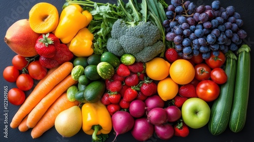 Colorful Assortment of Fresh Fruits and Vegetables on Dark Surface with Vibrant Colors and Textures