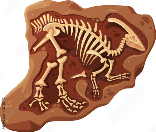 Dino fossil skeleton bones. Isolated cartoon vector dinosaur skeletal structure imprinted into ancient rock. Prehistoric and archaeological museum artefact, evoking a sense of history and discovery