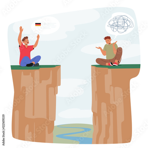 Young people confused cartoon characters having problem in different language understanding scene