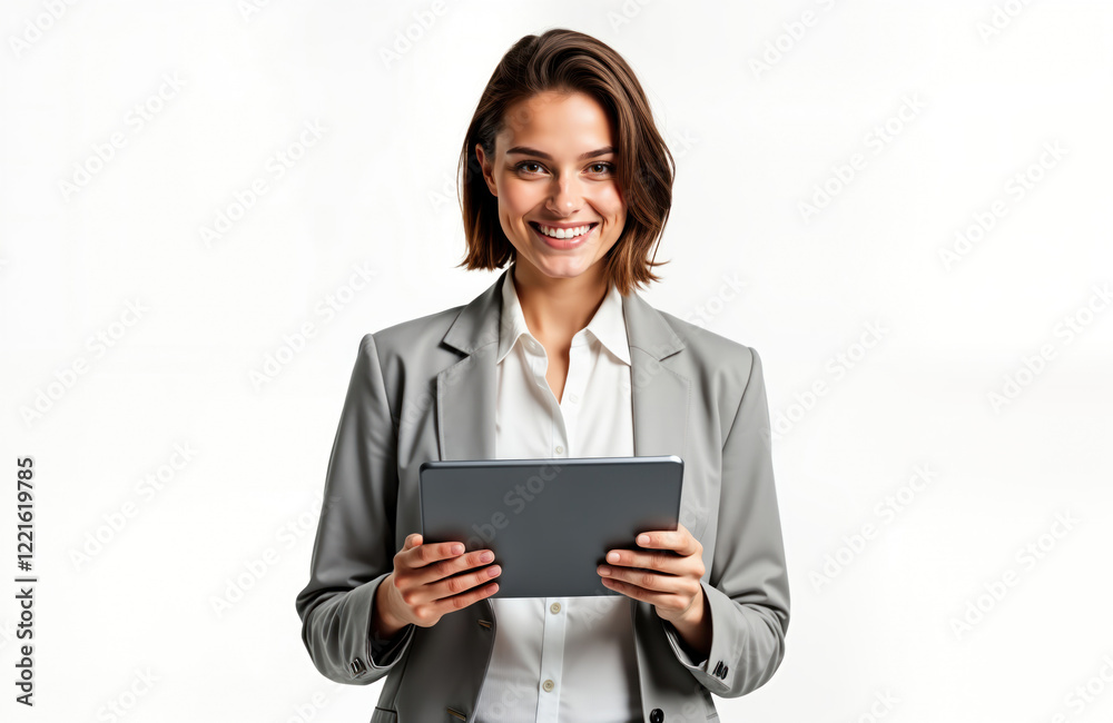 Smiling businesswoman holds tablet. Confident young woman works on digital tech. Modern business pro looks successful, stylish. Lady uses wireless pad for tech work. Pro person stands on white Smiling businesswoman holds tablet. Confident young woman works on digital tech. Modern business pro looks successful, stylish. Lady uses wireless pad for tech work. Pro person stands on white