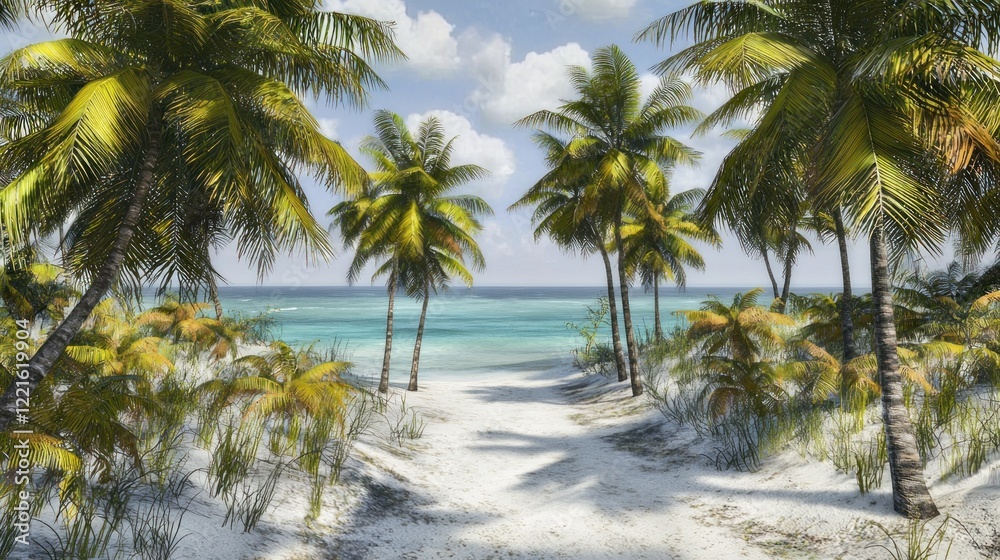 Tropical beach path, palm trees, ocean view, sunny day, travel Tropical beach path, palm trees, ocean view, sunny day, travel