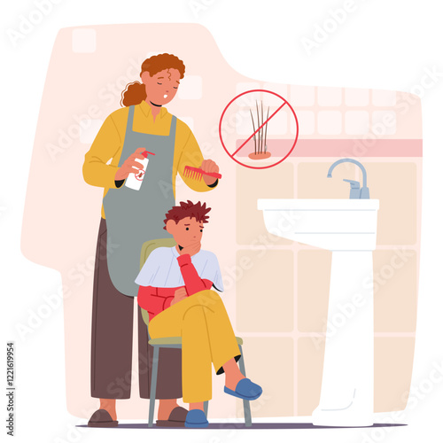 Mother taking of son applying medicated shampoo from pediculosis to get rid of lice parasite