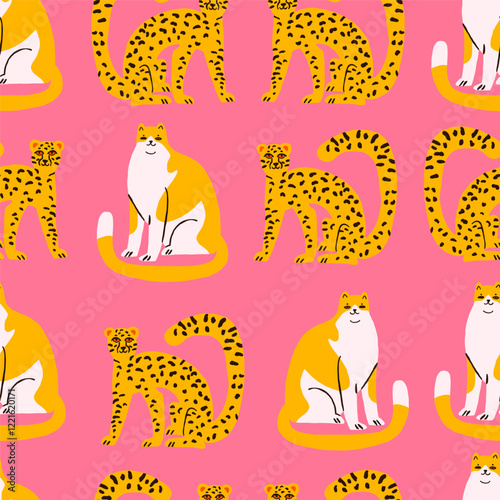 Photography Seamless pattern featuring wild cats like tigers, leopards, and domestic cats on a soft pink background