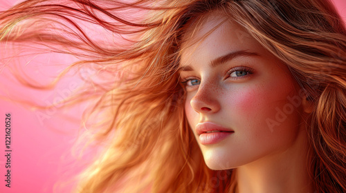 Young woman with flowing hair poses in front of a vibrant pink background on a sunny day