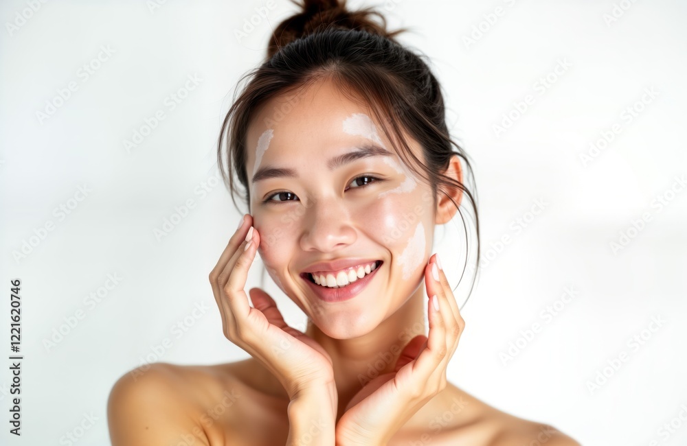 Asian young woman applying facial treatment cream on white background. Happy expression, healthy skin. Cosmetics, beauty care concept. Studio portrait. Image for skincare product ad beauty blog. Asian young woman applying facial treatment cream on white background. Happy expression, healthy skin. Cosmetics, beauty care concept. Studio portrait. Image for skincare product ad beauty blog.