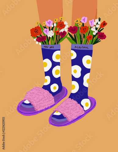 Trendy vertical illustration of legs in colorful socks with fried egg yolk patterns and flowers inside. Set on a sandy background with rays, perfect for postcards, Valentines Day, or creative designs