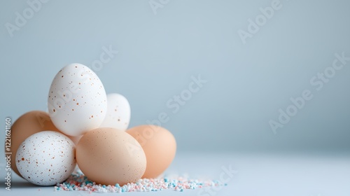 Group of eggs with a blue, pink, and white sprinkles on the ground