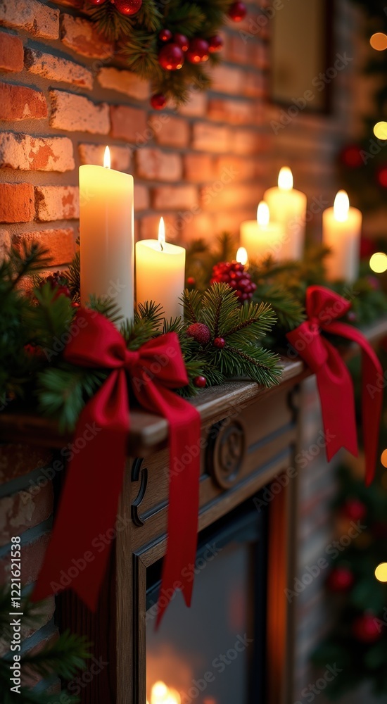 Candles are lit on a mantle with red bows and evergreen garlands Candles are lit on a mantle with red bows and evergreen garlands