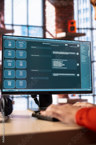 Freelancer employs online AI assistant to automate text generation and solve her daily tasks easily, enhance productivity at the home office. Integration of advanced algorithms and digital tools.