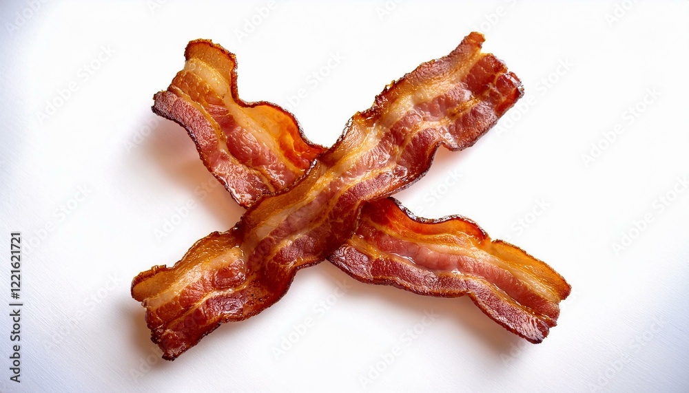 Crispy bacon strips, perfectly cooked and arranged on a white background. Crispy bacon strips, perfectly cooked and arranged on a white background.