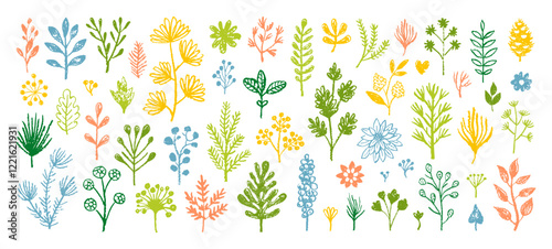 Flower kid crayon pencil vector. Childish spring Easter floral background. Color crayon or chalk child hand drawn bg. Plant grass, spring flower. Pastel kid illustration. Cute floral simple doodle set