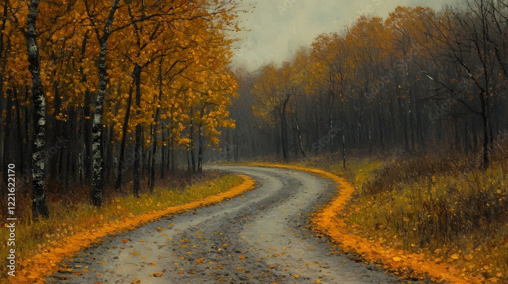 Obraz premium Serene Autumn Road Curving Through Golden Foliage and Trees