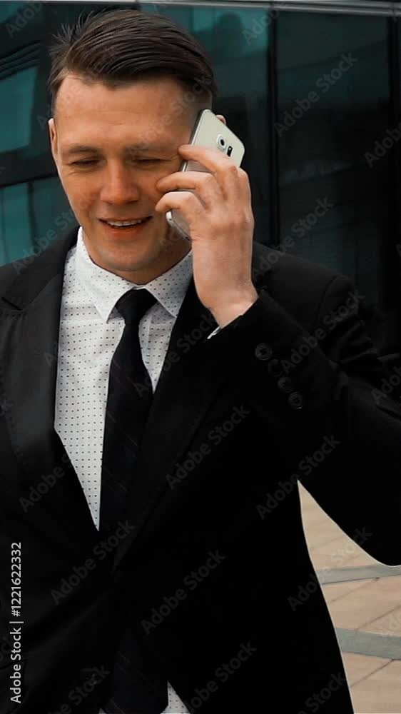 Young successful businessman in black suit and tie goes to work and uses white a smart phone for answering call. Modern glass business centre at the background. Teal and orange style. Super slow Young successful businessman in black suit and tie goes to work and uses white a smart phone for answering call. Modern glass business centre at the background. Teal and orange style. Super slow