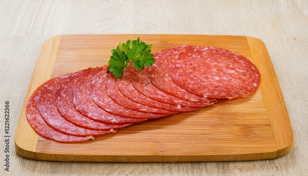 Thinly sliced salami on a wooden board. Thinly sliced salami on a wooden board.