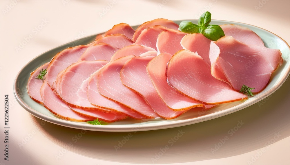 Thinly sliced ham on a plate, garnished with basil. Thinly sliced ham on a plate, garnished with basil.