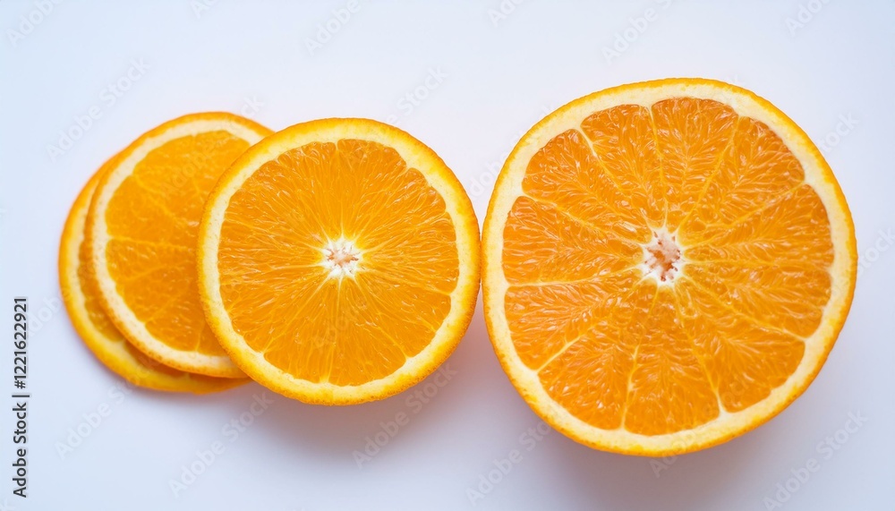 Juicy orange slices on a white background. A refreshing summer image. Juicy orange slices on a white background. A refreshing summer image.