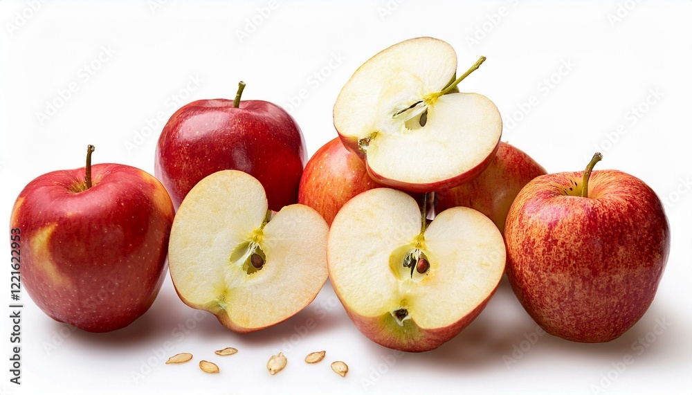Red apples, sliced and whole, on white background. Seeds scattered nearby. Red apples, sliced and whole, on white background. Seeds scattered nearby.