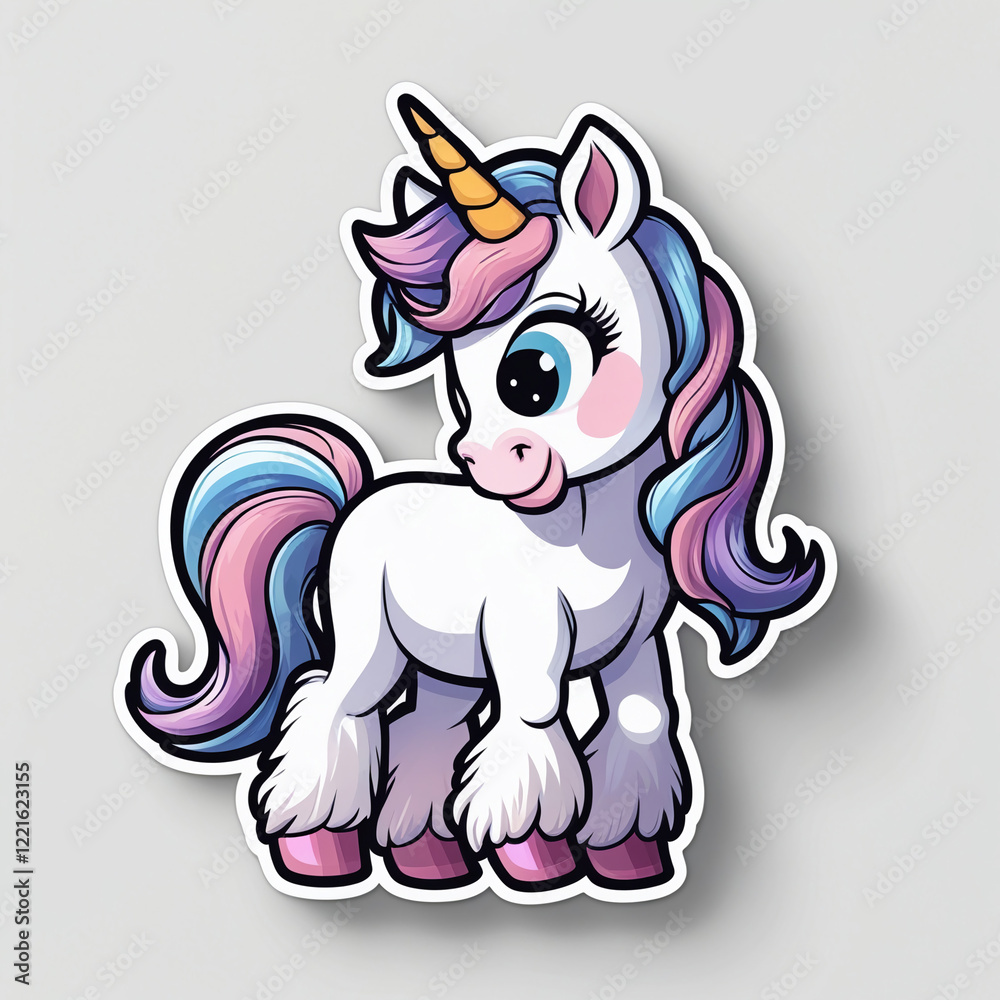Naklejka premium AI generative. Cartoon animal sticker design of a unicorn horse with white outline on white background. 2