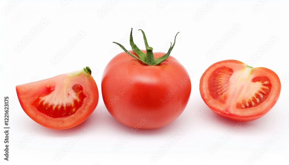 Red tomatoes sliced and whole on white background Red tomatoes sliced and whole on white background