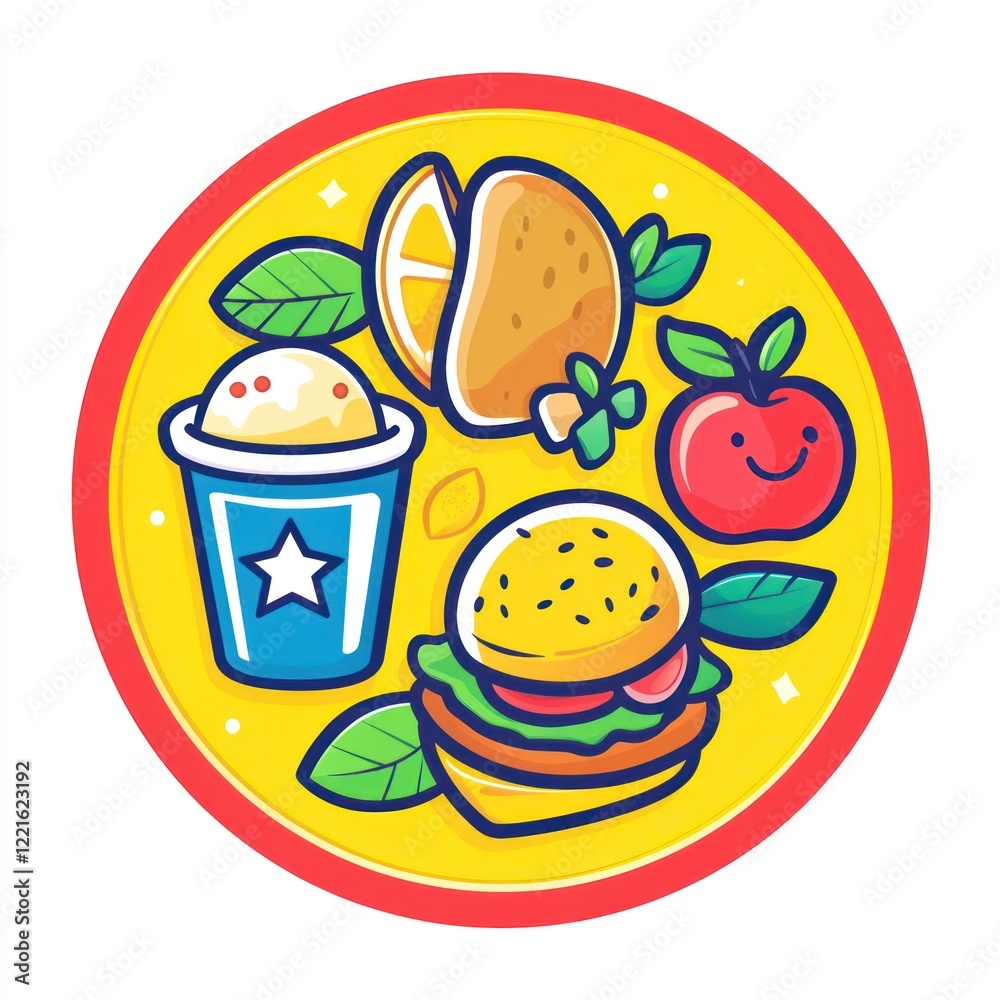 Fototapeta premium Healthy meal burger, ice cream, fruit, potato. Kids menu illustration