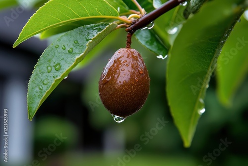 A close-up image of a ripe avocado with glossy droplets, illustrating the natural beauty and tempting allure of fresh fruits picked straight from the tree. photo