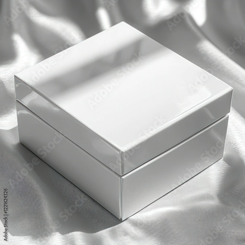 White gift box on silk, sunlight, mockup, packaging