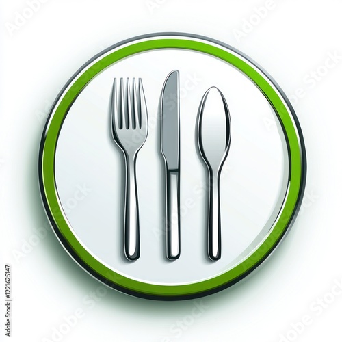 Restaurant Icon, Cutlery, Food, White Background, Button Design, Digital Art, Illustration, Symbol for Eating photo