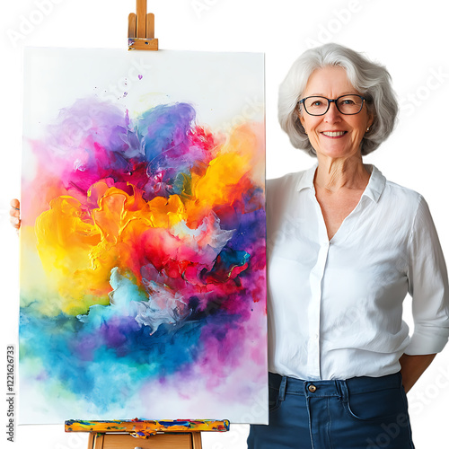 PNG Joyful Senior Artist Presenting a Vibrant Abstract Painting Against Transparent Background photo