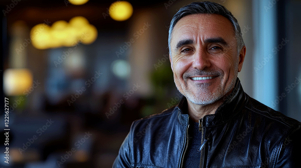 Fototapeta premium Portrait of a Happy Mature Man Smiling in a Leather Jacket