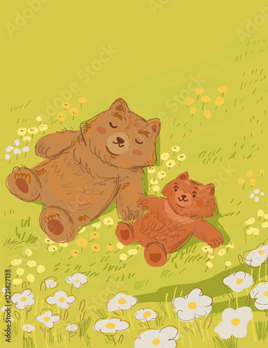 A peaceful vertical postcard illustration of a mother bear and baby bear relaxing on a field of spring flowers, enjoying warm rays of sun. A heartwarming family scene, perfect for nature and wildlife
