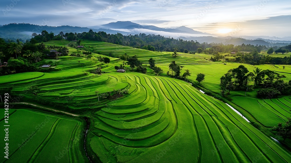 Fototapeta premium Sunrise over terraced rice fields scenic landscape aerial view lush green environment